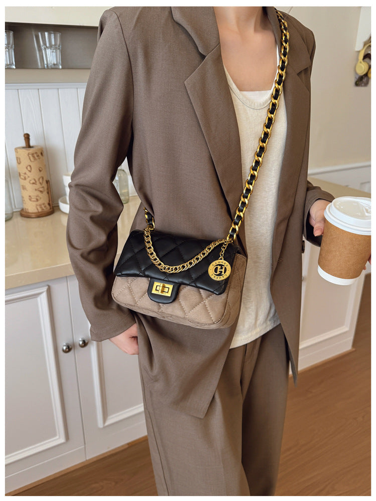 Autumn Winter Super Hot Contrast Color Small Bag Women 2025 New Fashion Diamond Chain Crossbody Bag High-end Small Square Bag