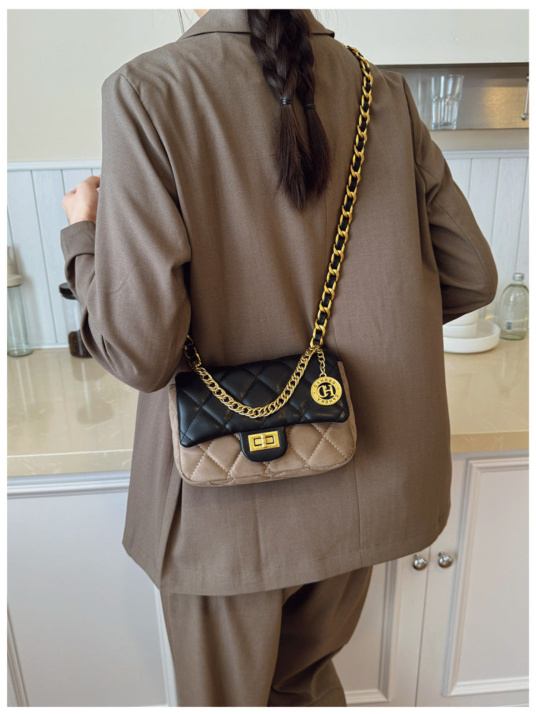 Autumn Winter Super Hot Contrast Color Small Bag Women 2025 New Fashion Diamond Chain Crossbody Bag High-end Small Square Bag