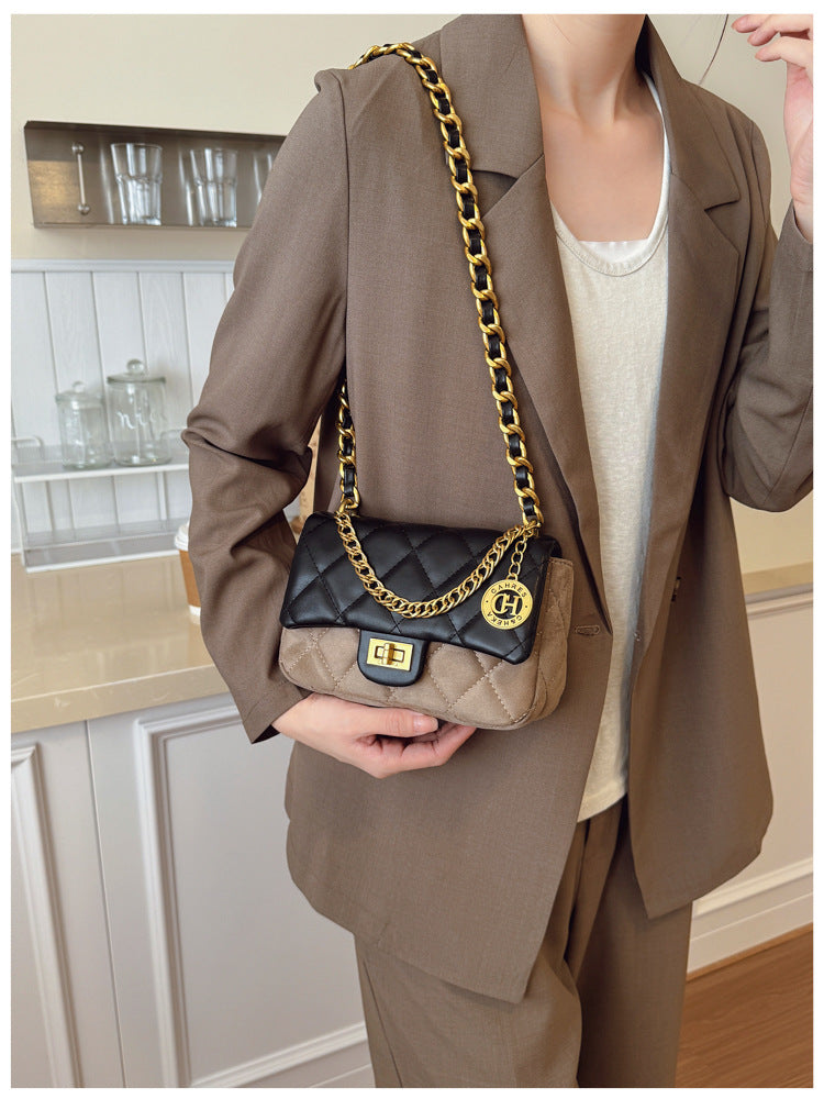 Autumn Winter Super Hot Contrast Color Small Bag Women 2025 New Fashion Diamond Chain Crossbody Bag High-end Small Square Bag
