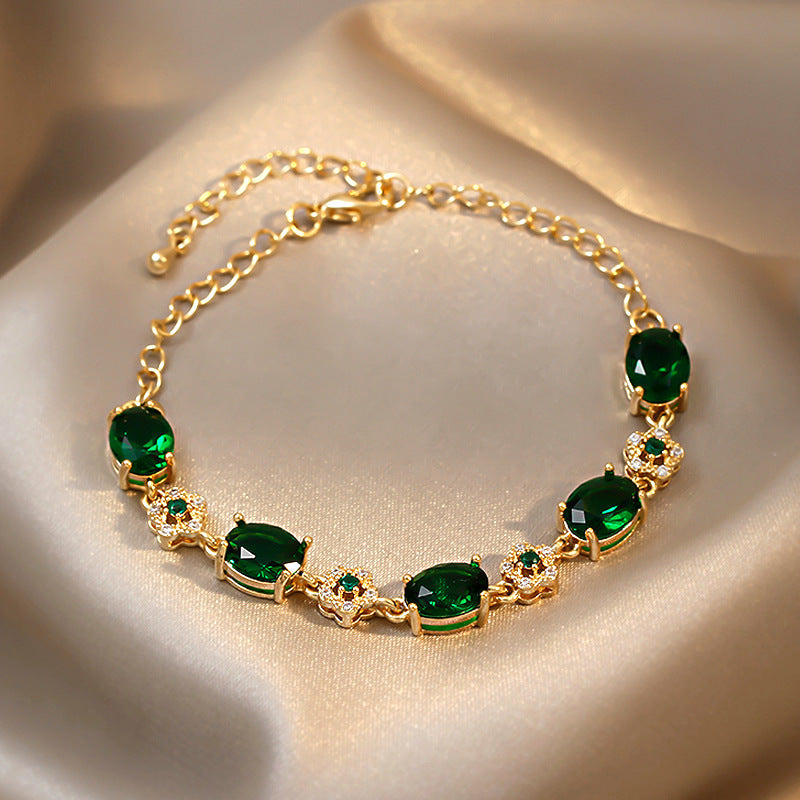 Real Gold Plated Emerald Inlaid Diamond Flower Bracelet Niche Light Luxury Versatile Bracelet Vintage Elegant High-end Jewelry