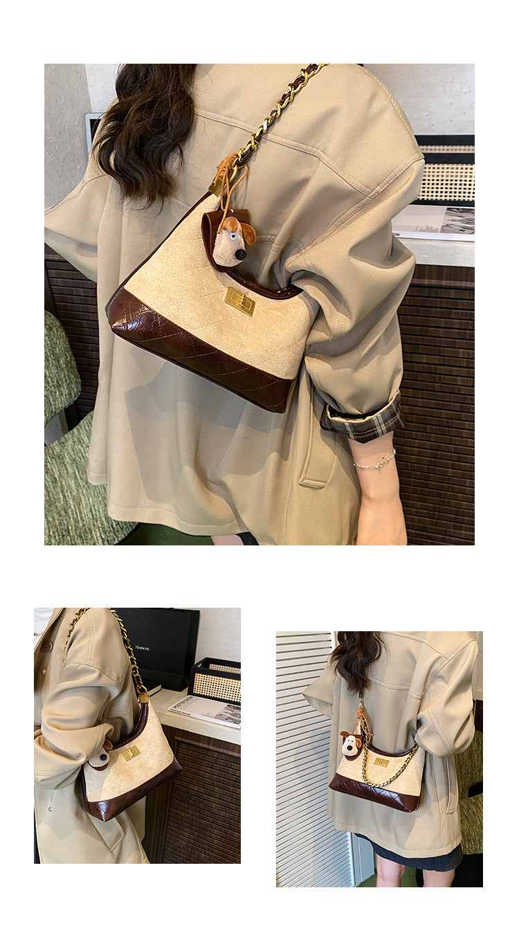 Chanel Style Retro Large Capacity Tote Bag for Women 2025 New Color-Block Chain Underarm Bag Versatile Handbag Shoulder Bag