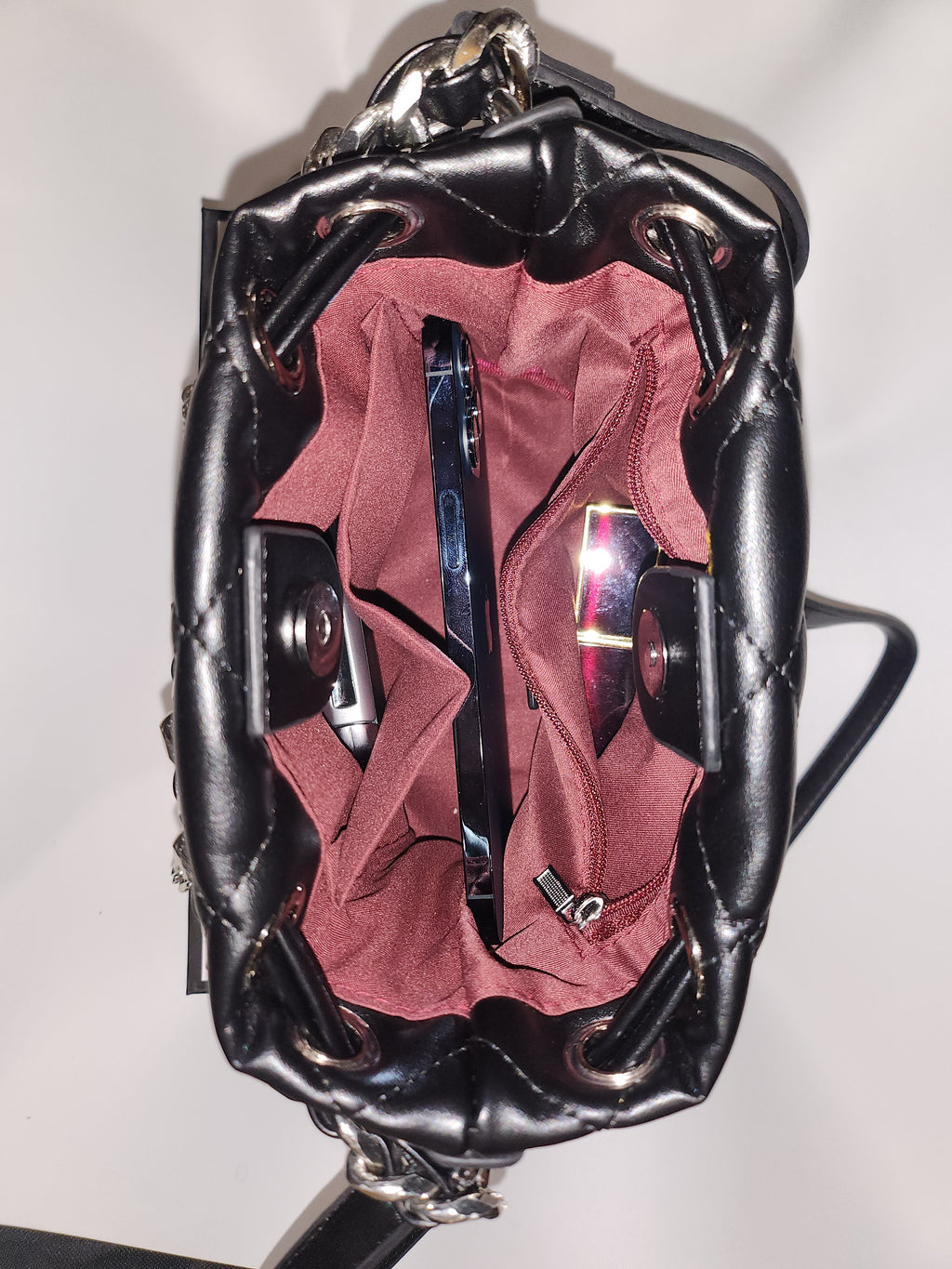 BELLAITY Black Vegan Leather Bucket Bag with Metal Chain Strap