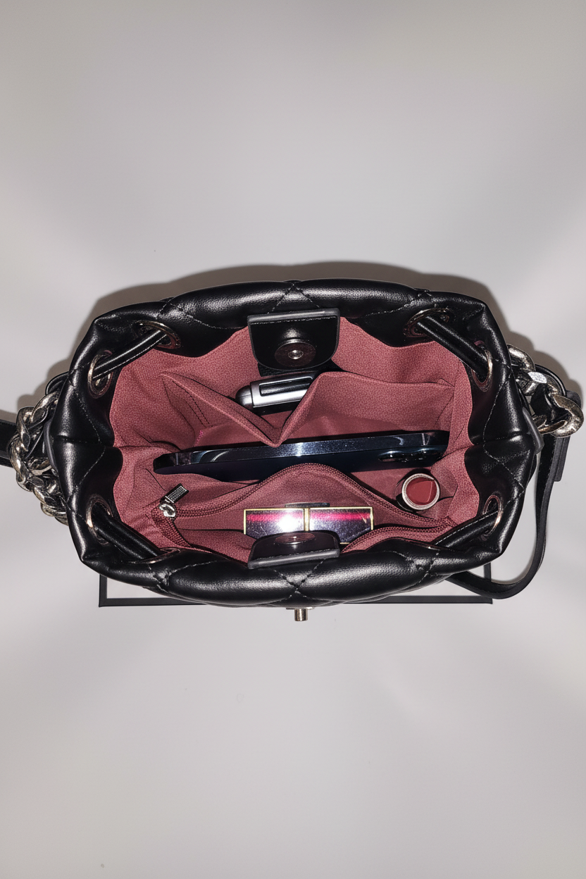 BELLAITY Black Vegan Leather Bucket Bag with Metal Chain Strap