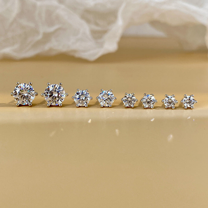 Moissanite Earrings for Men and Women, Pure Silver Six-Prong Ear Bone Studs, Elegant and Simple High-End Earrings, White Gold Ear Jewelry TK Cross-Border