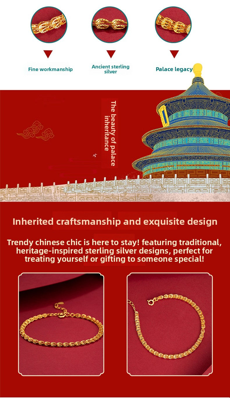 Phoenix Tail Pure Silver 925 Bracelet for Women, Light Luxury Niche Design Hollow Bracelet, New Chinese Style Ins Style Ring Buckle Jewelry