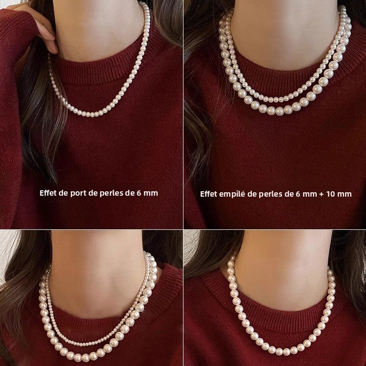 Shijia Ao White Perfect Round Pearl Necklace for Women, Elegant Magnetic Clasp Sweater Chain, Autumn Winter Light Luxury Niche Choker, High-end