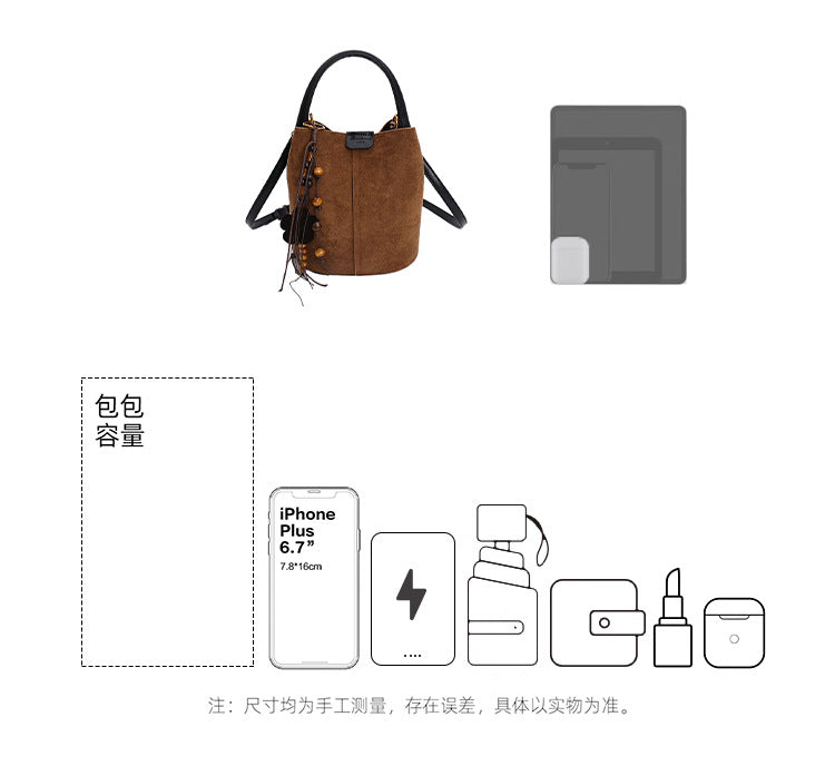 2025 Autumn Retro Suede Suede Bucket Bag High-Value Fashion Handheld Basket Bag Casual Single Shoulder Crossbody Bag