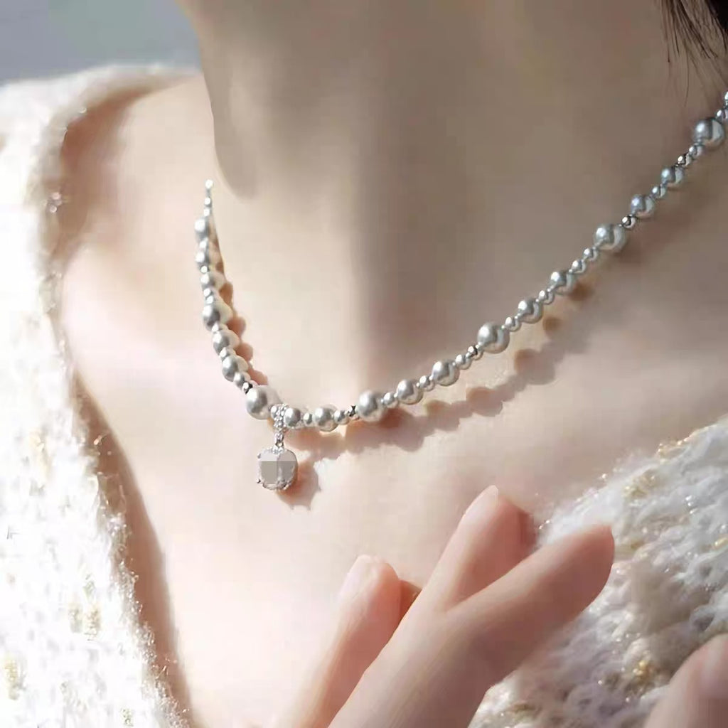 Pearl Bubble Sugar Cube Necklace for Women, Niche Design, High-End Feel, Light Luxury, Exquisite Versatile Collarbone Chain Necklace