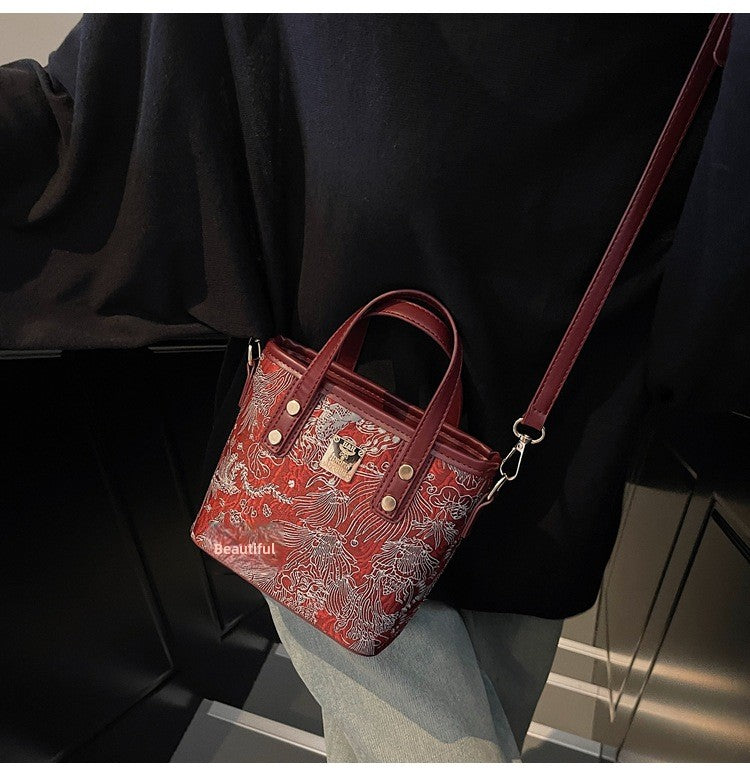 Super Popular Niche Embroidered Bag for Women 2025 New Fashion Versatile Crossbody Bag Color-Block Handbag Bucket Bag Small Tote Bag