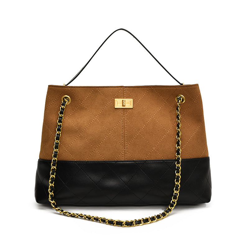 Vintage Color-Block Large Capacity Commuter Bucket Bag for Women 2025 Autumn New Fashion Casual Quilted Chain Underarm Bag