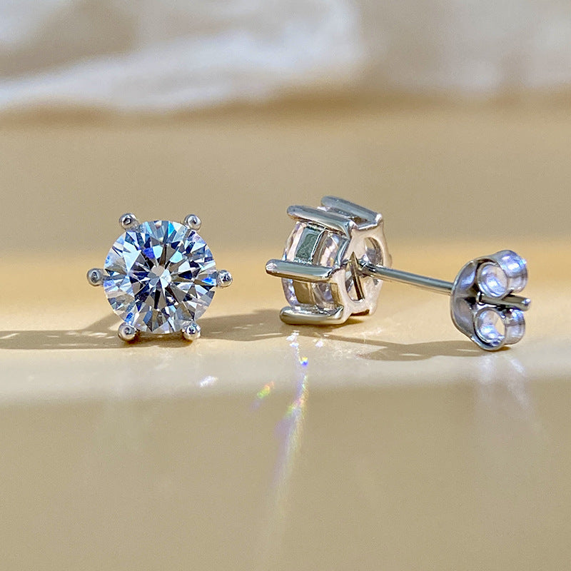 Moissanite Earrings for Men and Women, Pure Silver Six-Prong Ear Bone Studs, Elegant and Simple High-End Earrings, White Gold Ear Jewelry TK Cross-Border