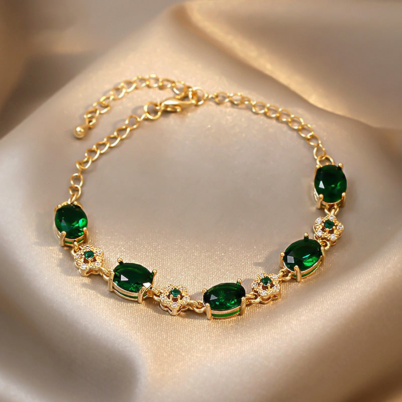 Real Gold Plated Emerald Inlaid Diamond Flower Bracelet Niche Light Luxury Versatile Bracelet Vintage Elegant High-end Jewelry