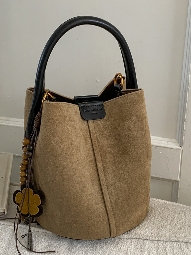 2025 Autumn Retro Suede Suede Bucket Bag High-Value Fashion Handheld Basket Bag Casual Single Shoulder Crossbody Bag