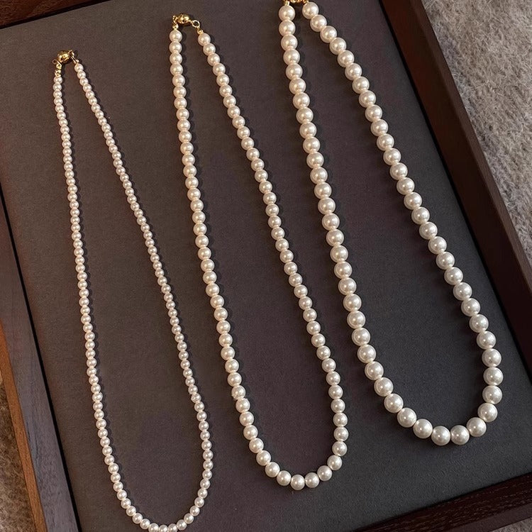 Shijia Ao White Perfect Round Pearl Necklace for Women, Elegant Magnetic Clasp Sweater Chain, Autumn Winter Light Luxury Niche Choker, High-end