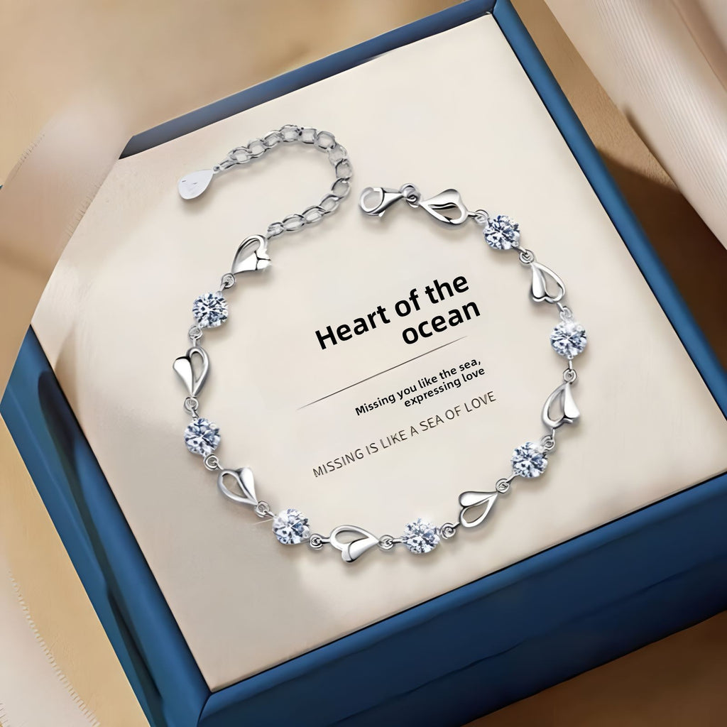 S925 Sterling Silver Ocean Heart Bracelet for Women, Light Luxury Fashion Heart-shaped Korean Design Versatile Elegant Jewelry Gift for Girlfriend