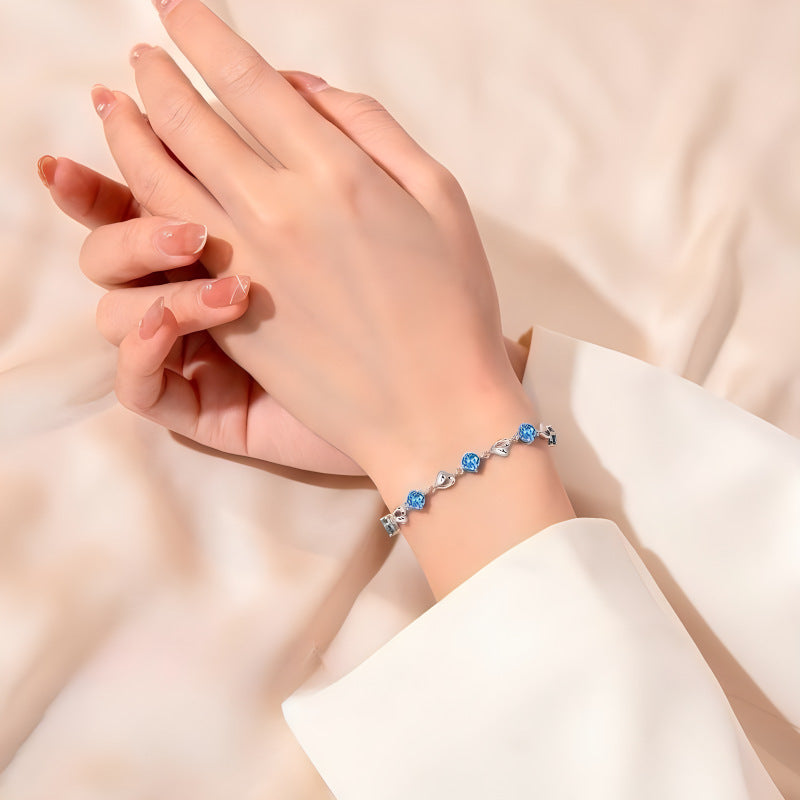 S925 Sterling Silver Ocean Heart Bracelet for Women, Light Luxury Fashion Heart-shaped Korean Design Versatile Elegant Jewelry Gift for Girlfriend