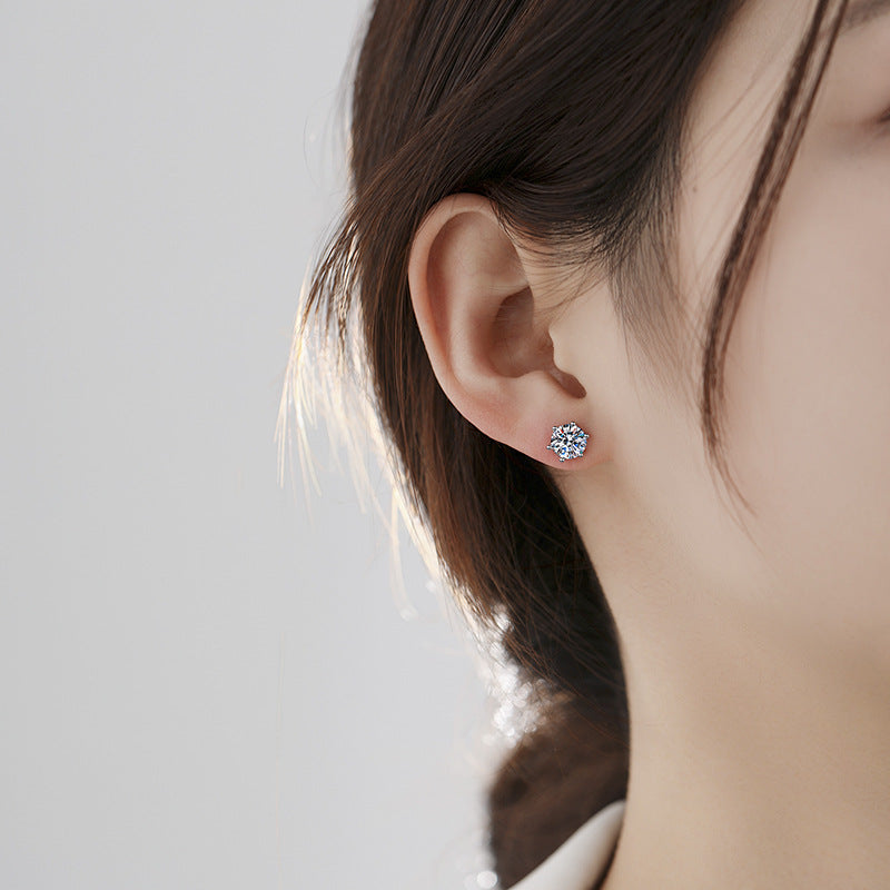 Moissanite Earrings for Men and Women, Pure Silver Six-Prong Ear Bone Studs, Elegant and Simple High-End Earrings, White Gold Ear Jewelry TK Cross-Border