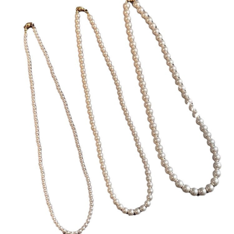 Shijia Ao White Perfect Round Pearl Necklace for Women, Elegant Magnetic Clasp Sweater Chain, Autumn Winter Light Luxury Niche Choker, High-end