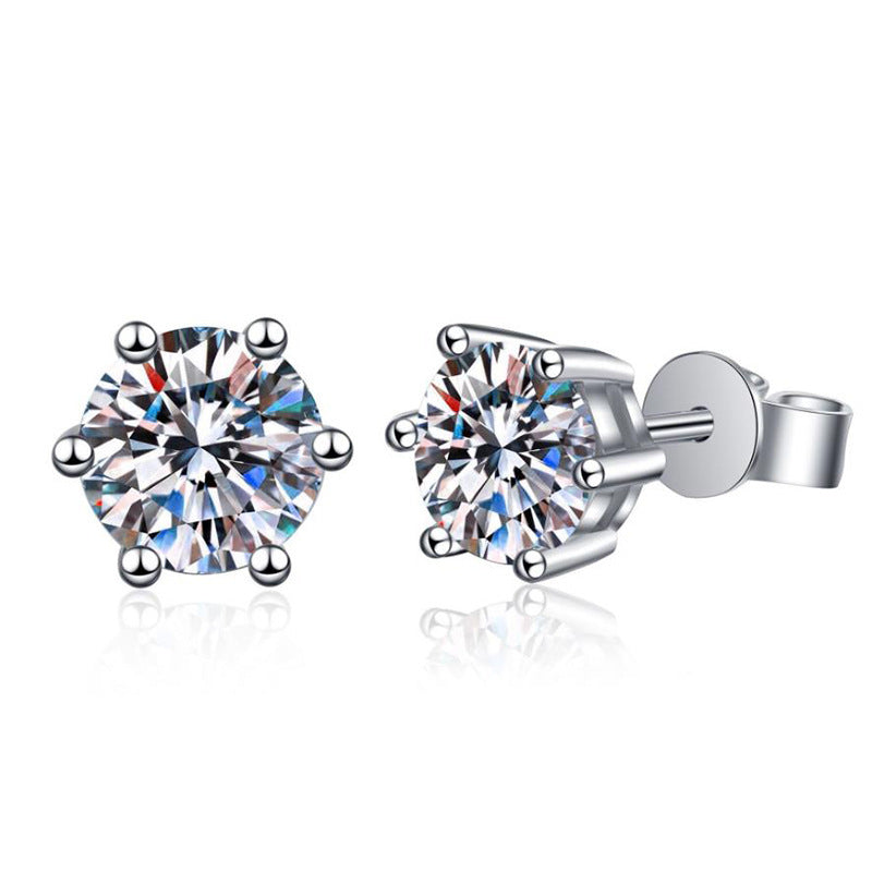 Moissanite Earrings for Men and Women, Pure Silver Six-Prong Ear Bone Studs, Elegant and Simple High-End Earrings, White Gold Ear Jewelry TK Cross-Border