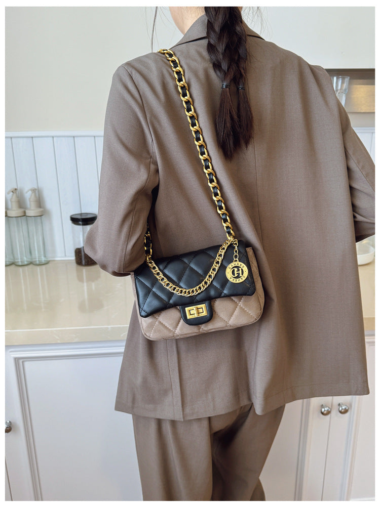 Autumn Winter Super Hot Contrast Color Small Bag Women 2025 New Fashion Diamond Chain Crossbody Bag High-end Small Square Bag