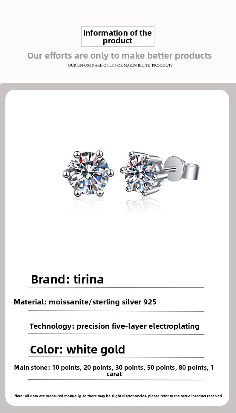 Moissanite Earrings for Men and Women, Pure Silver Six-Prong Ear Bone Studs, Elegant and Simple High-End Earrings, White Gold Ear Jewelry TK Cross-Border