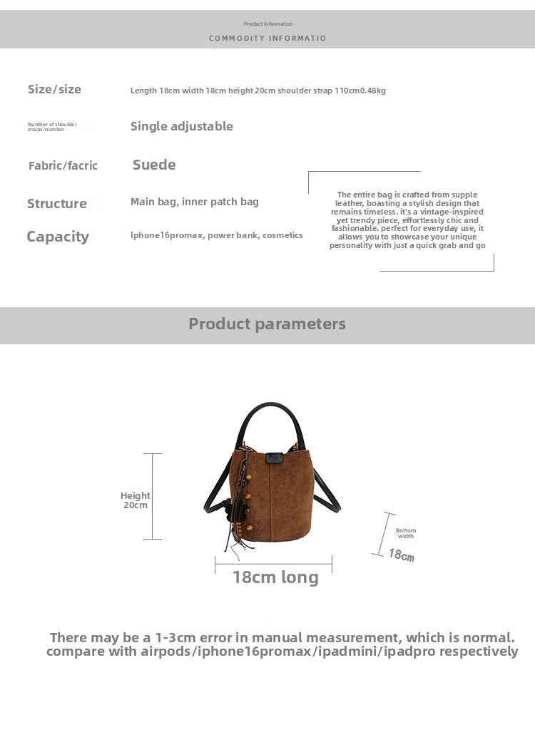 2025 Autumn Retro Suede Suede Bucket Bag High-Value Fashion Handheld Basket Bag Casual Single Shoulder Crossbody Bag