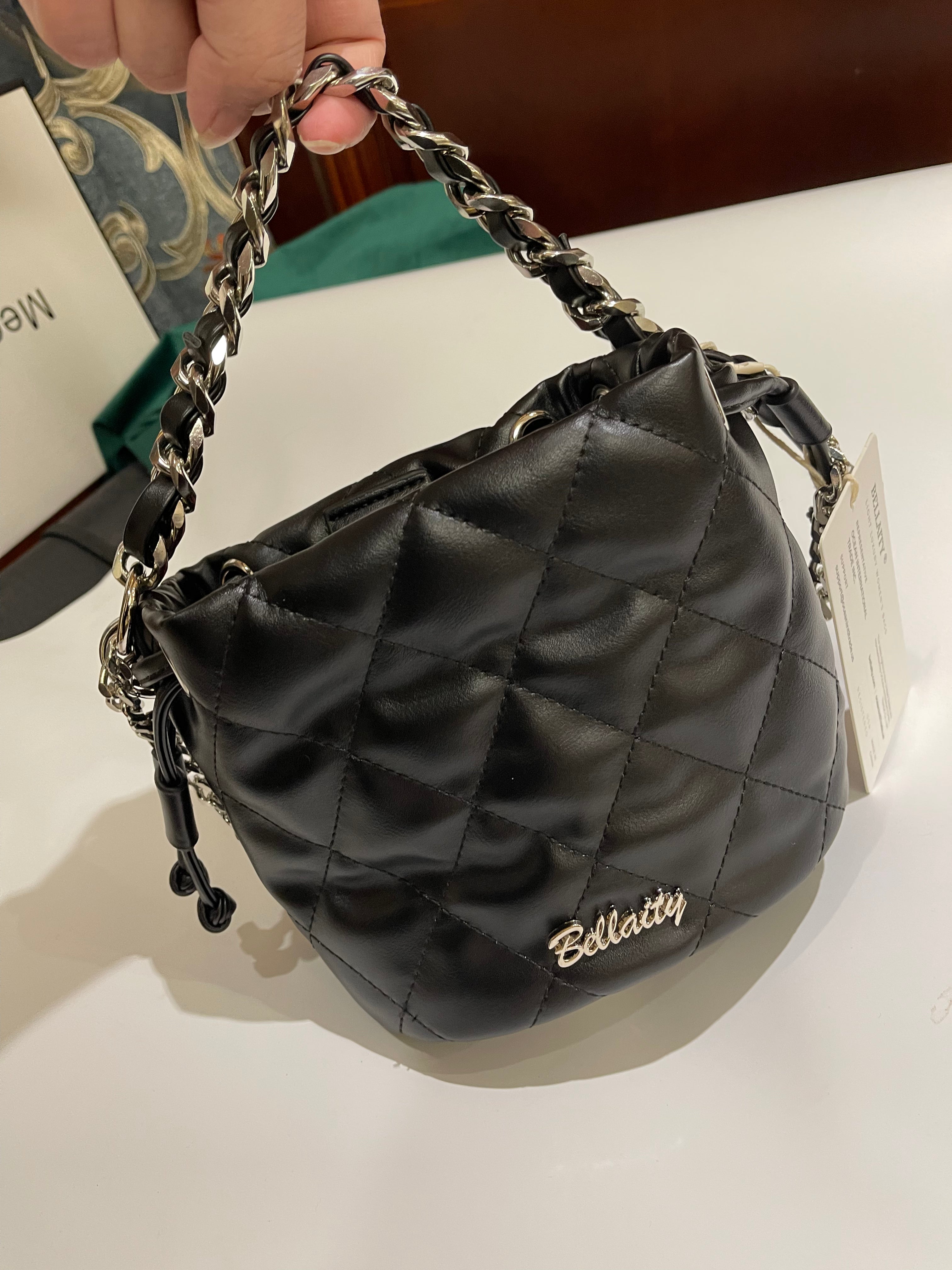 BELLAITY Black Vegan Leather Bucket Bag with Metal Chain Strap