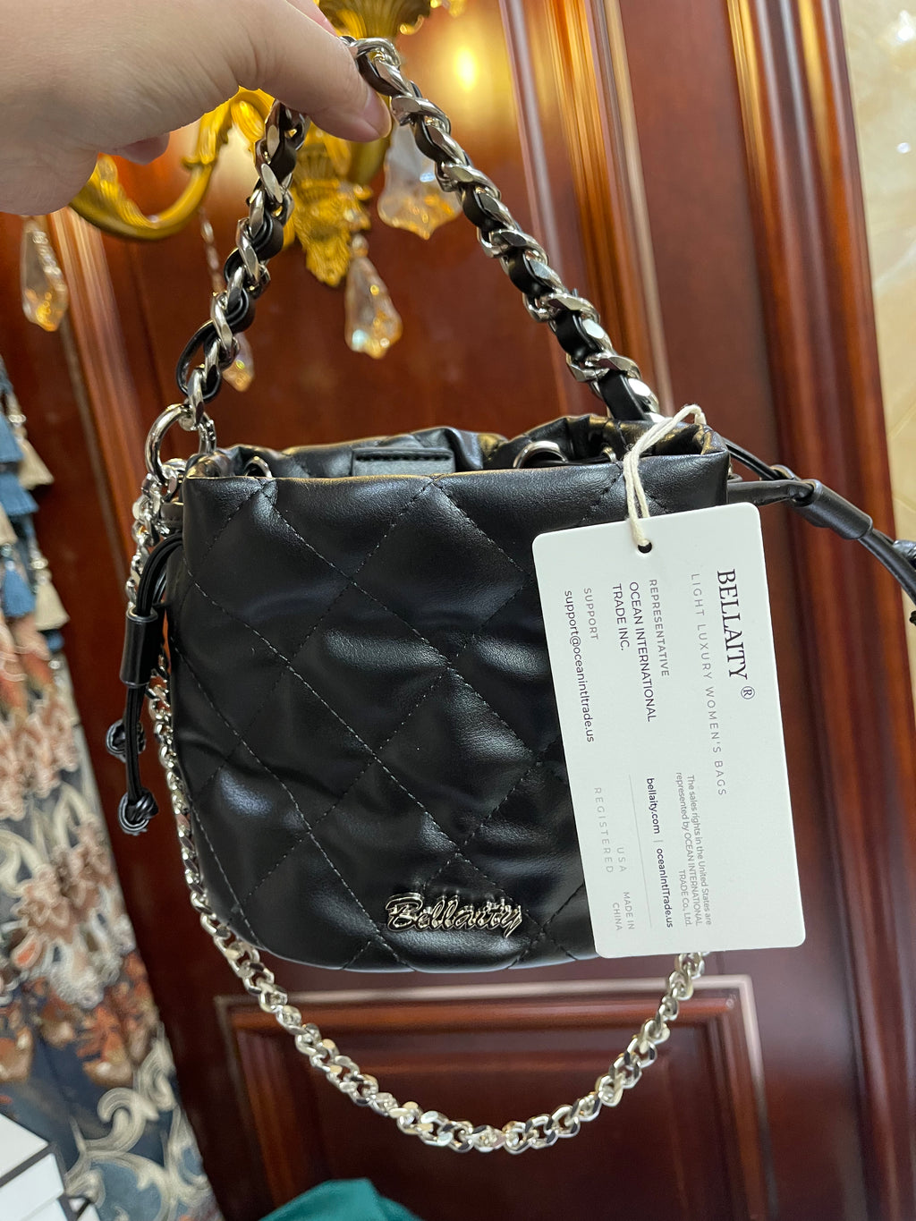 BELLAITY Black Vegan Leather Bucket Bag with Metal Chain Strap