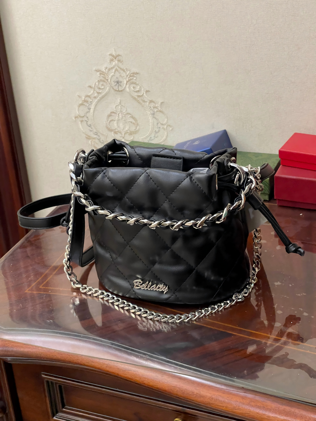 BELLAITY Black Vegan Leather Bucket Bag with Metal Chain Strap