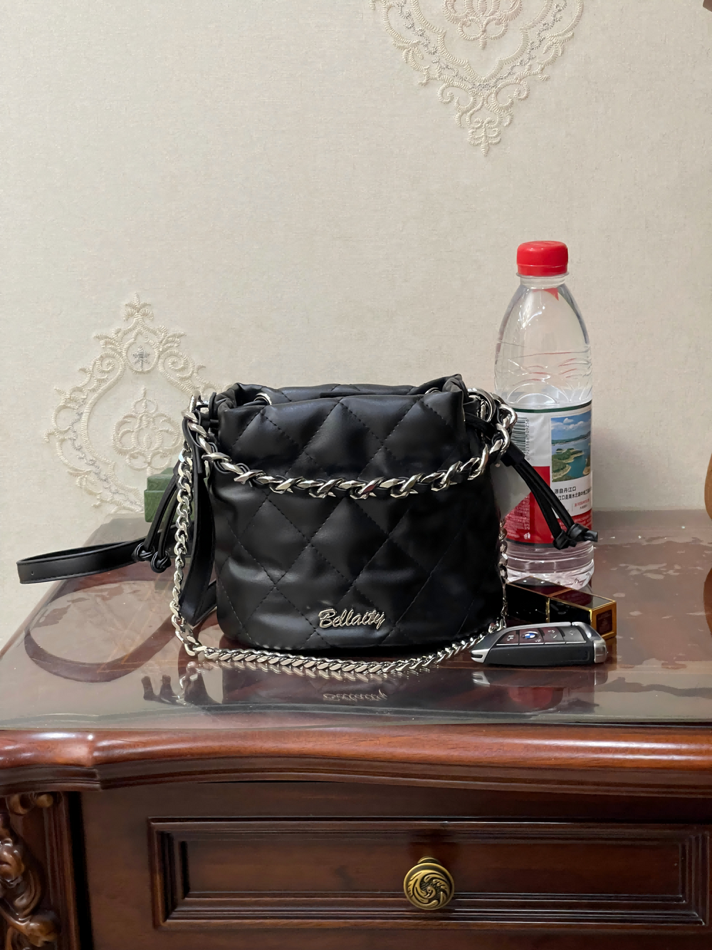 BELLAITY Black Vegan Leather Bucket Bag with Metal Chain Strap