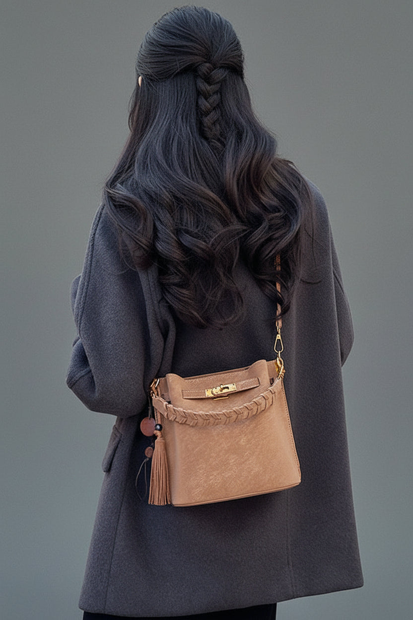 Person wearing a gray coat with a brown handbag featuring tassels.