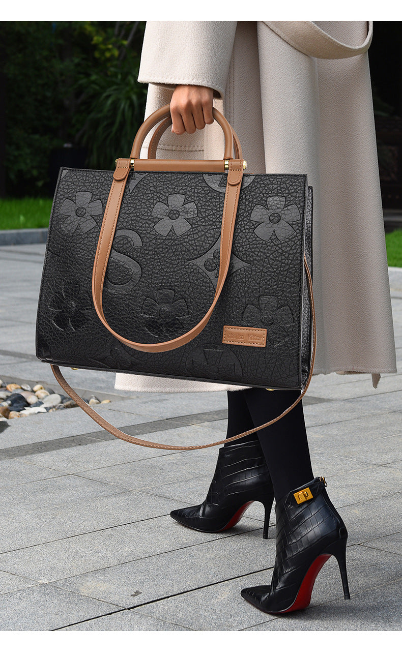 Fashionable Embossed Large Tote Bag Simple Large Capacity Commuter Bag for Women Cross-Border Hot-Selling Microfiber Leather Tote Bag