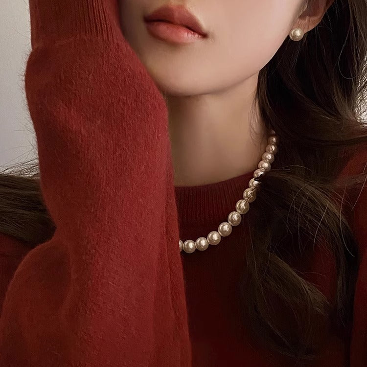 Shijia Ao White Perfect Round Pearl Necklace for Women, Elegant Magnetic Clasp Sweater Chain, Autumn Winter Light Luxury Niche Choker, High-end