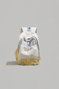 Backpack with a clear front section on a gray background
