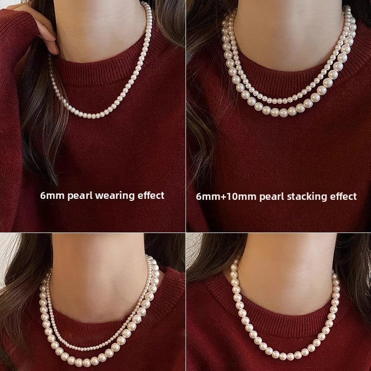 Shijia Ao White Perfect Round Pearl Necklace for Women, Elegant Magnetic Clasp Sweater Chain, Autumn Winter Light Luxury Niche Choker, High-end