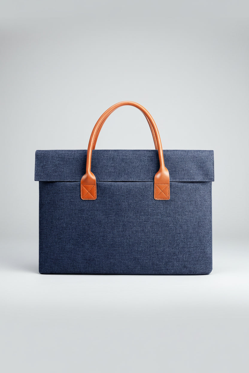 Blue bag with brown handles on a white background