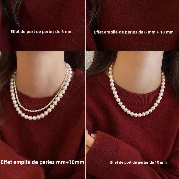 Shijia Ao White Perfect Round Pearl Necklace for Women, Elegant Magnetic Clasp Sweater Chain, Autumn Winter Light Luxury Niche Choker, High-end