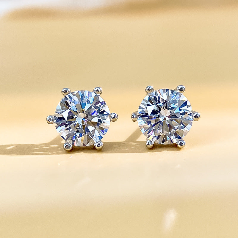 Moissanite Earrings for Men and Women, Pure Silver Six-Prong Ear Bone Studs, Elegant and Simple High-End Earrings, White Gold Ear Jewelry TK Cross-Border