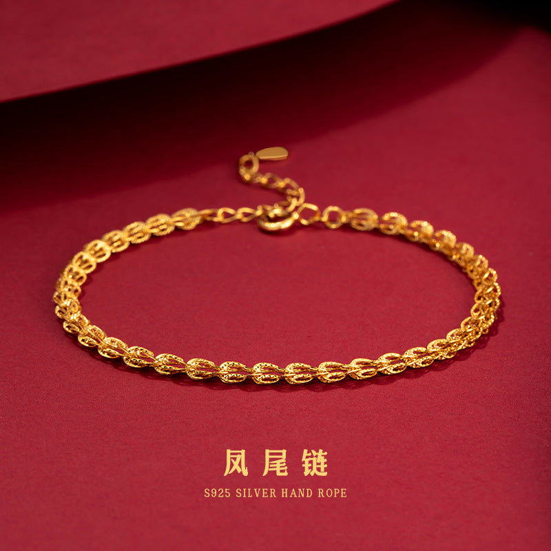 Phoenix Tail Pure Silver 925 Bracelet for Women, Light Luxury Niche Design Hollow Bracelet, New Chinese Style Ins Style Ring Buckle Jewelry