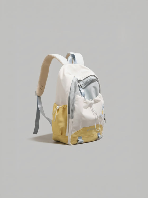 Backpack with white and yellow design on a gray background