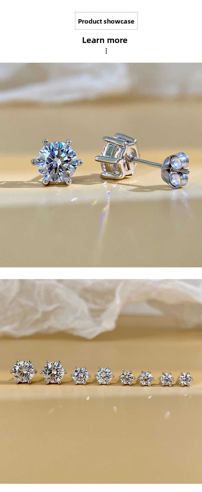 Moissanite Earrings for Men and Women, Pure Silver Six-Prong Ear Bone Studs, Elegant and Simple High-End Earrings, White Gold Ear Jewelry TK Cross-Border