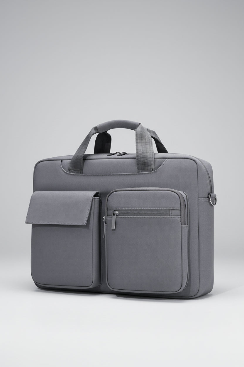 Gray briefcase with multiple pockets and a shoulder strap on a white background