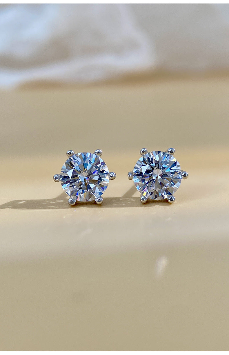 Moissanite Earrings for Men and Women, Pure Silver Six-Prong Ear Bone Studs, Elegant and Simple High-End Earrings, White Gold Ear Jewelry TK Cross-Border