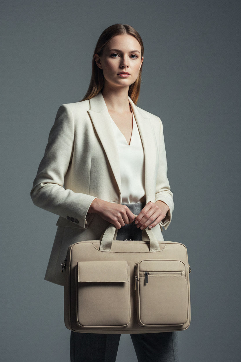 Beige briefcase with multiple pockets and a shoulder strap on a white background