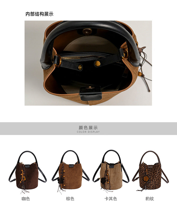 2025 Autumn Retro Suede Suede Bucket Bag High-Value Fashion Handheld Basket Bag Casual Single Shoulder Crossbody Bag