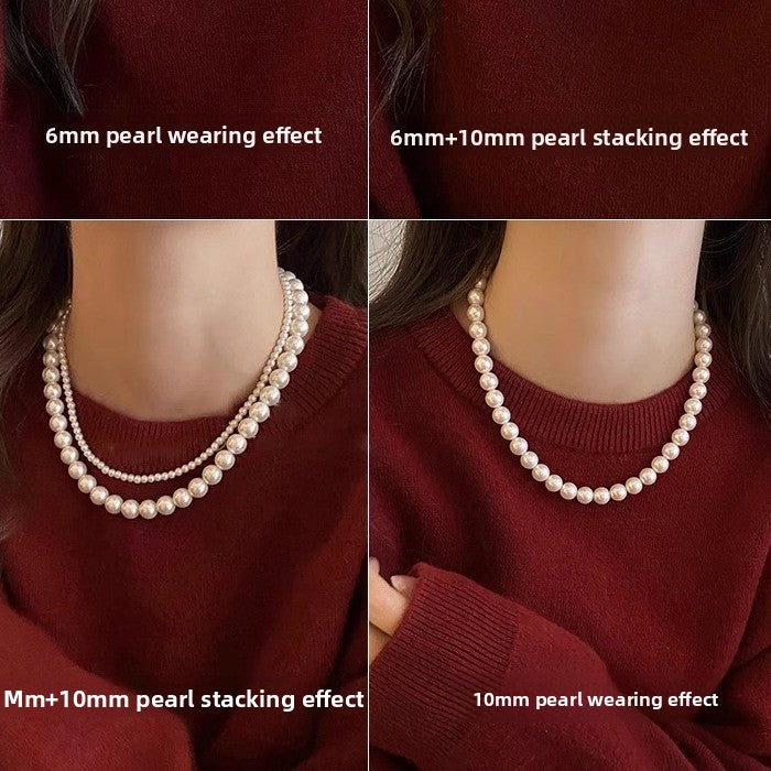 Shijia Ao White Perfect Round Pearl Necklace for Women, Elegant Magnetic Clasp Sweater Chain, Autumn Winter Light Luxury Niche Choker, High-end